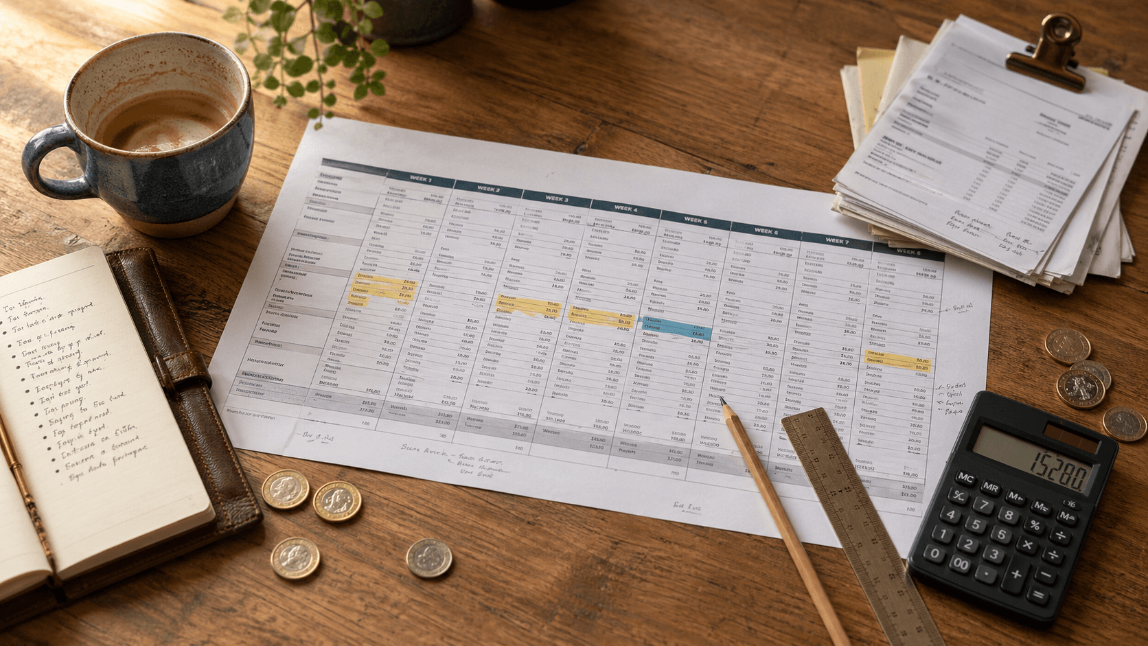 A printed cash flow spreadsheet on a café counter with weeks marked across the top, a coffee cup, a pen, and a small notebook