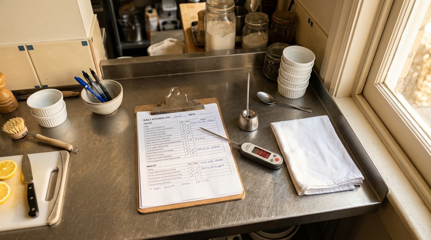 A café kitchen with a clipboard, thermometer, and cleaning checklist on a stainless steel counter in warm morning light