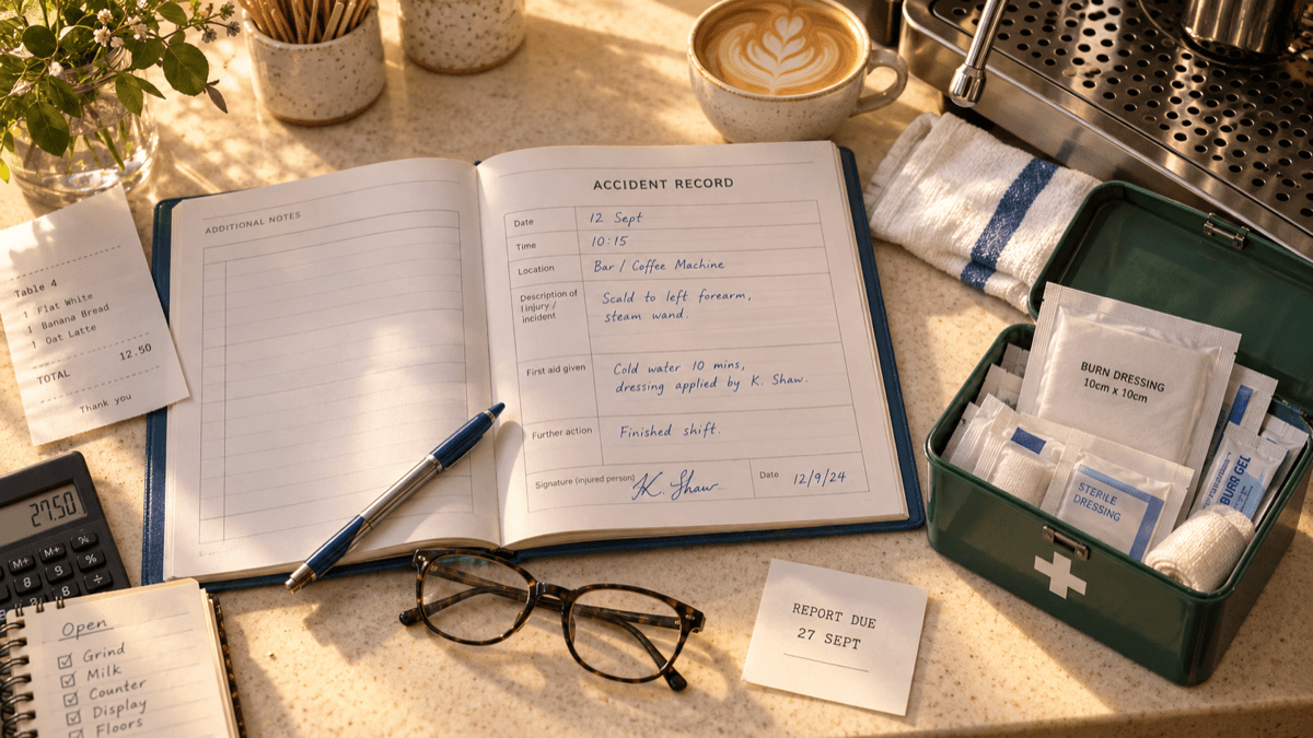 Overhead flat-lay on a café counter of an open accident record book with a handwritten entry, a green first aid box, a burns dressing sachet, a pen and a flat white in warm golden light