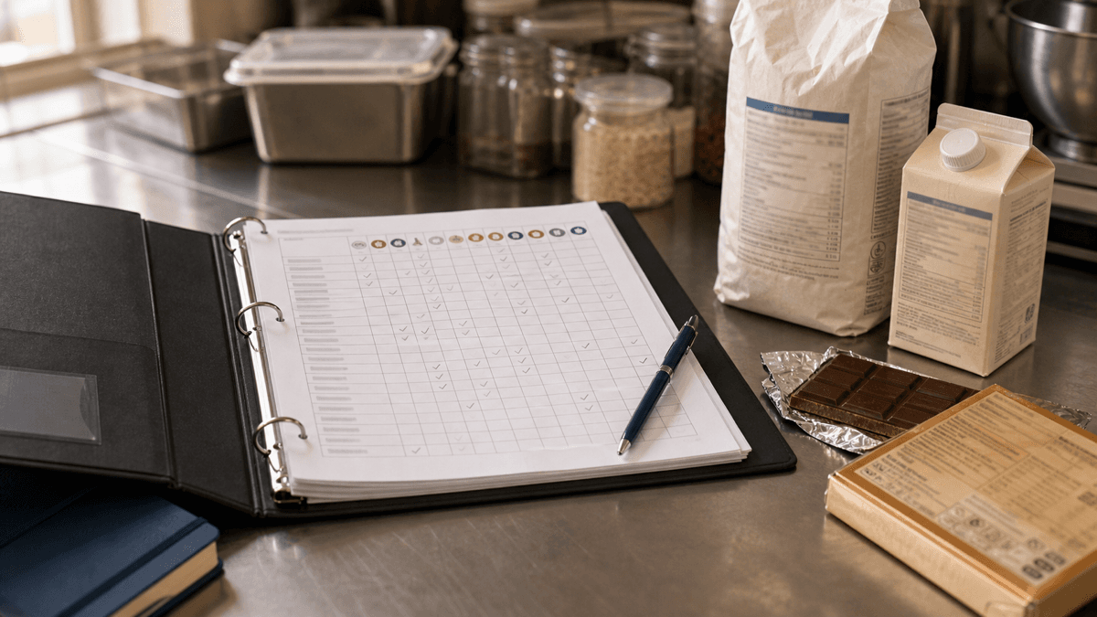 An open allergen matrix folder on a café prep bench next to ingredient packaging showing allergen declarations