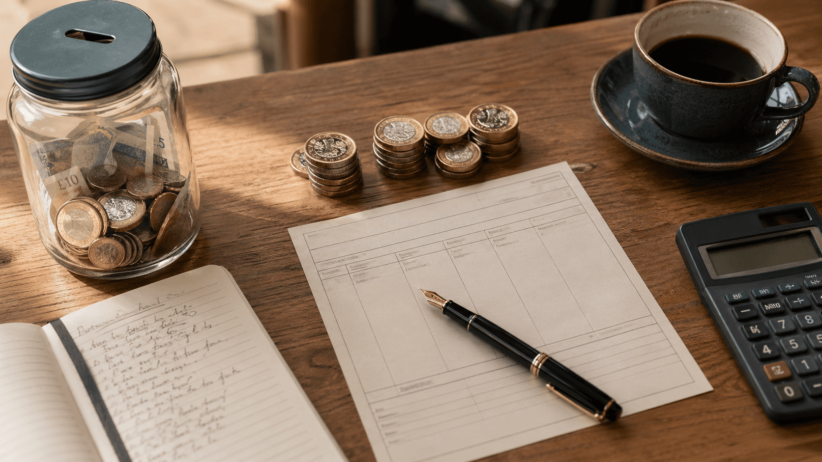 A handwritten tip jar on a café counter beside a printed payslip and a calculator, with coins arranged in three small piles