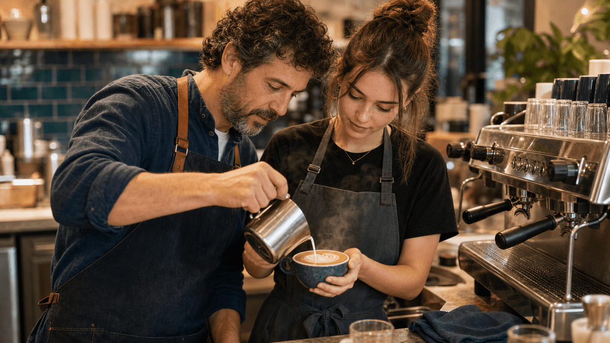 A young barista being shown how to pour latte art by an experienced café owner behind the counter, representing on-the-job apprenticeship training