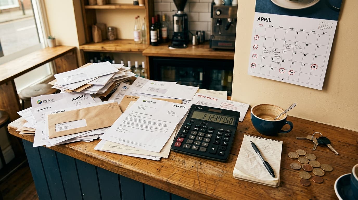A café counter with a stack of bills, a calculator, and a coffee cup - representing the April 2026 cost increases facing hospitality operators