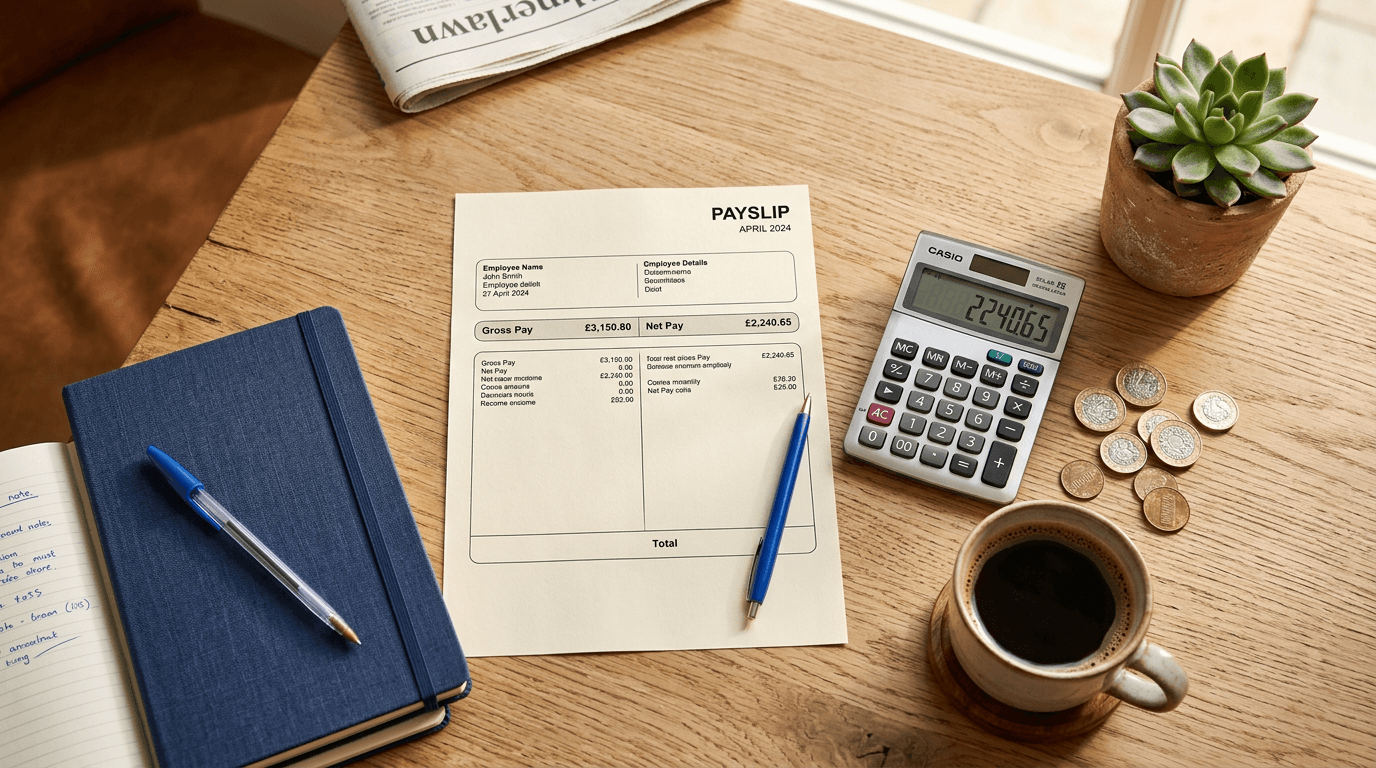 A café counter with a calculator, payslips, and a cup of coffee - representing the real cost of wage increases for hospitality operators