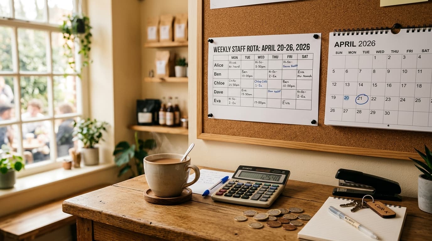 A cafe rota pinned to a wall next to a calculator and a cup of tea, with a calendar showing April 2026