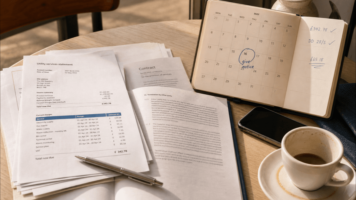 A café table covered with utility bills and contract paperwork, a diary open with a notice date circled in blue, a phone and a coffee going cold in warm morning light