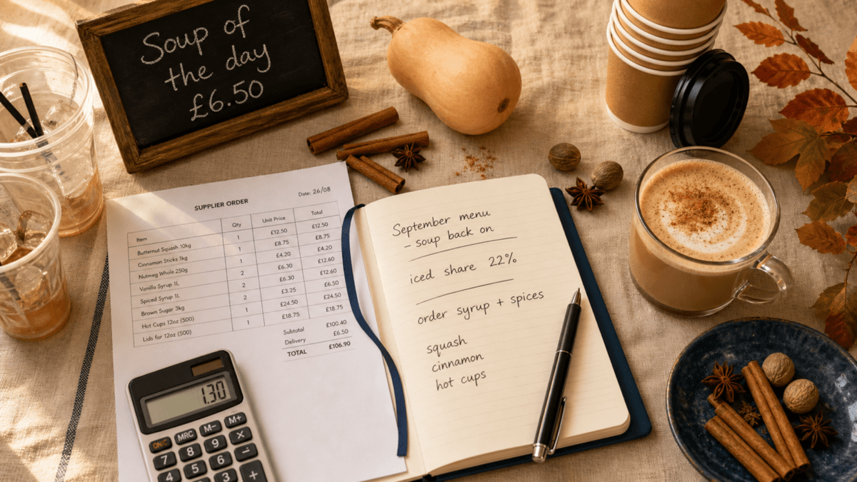 Overhead flat-lay of an August planning table with a handwritten September menu draft, a spiced latte, a squash and cinnamon sticks in warm golden light