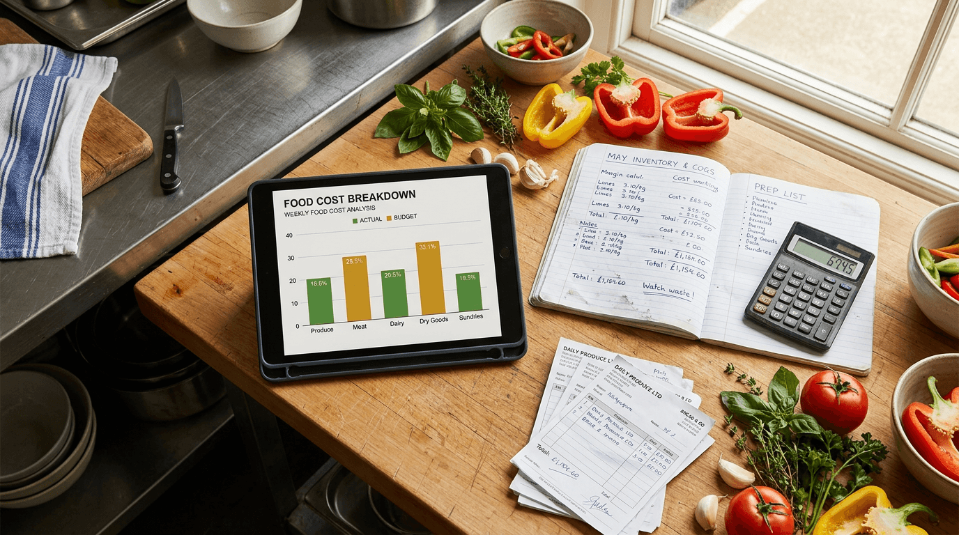 Overhead view of a restaurant kitchen prep station with ingredients, a tablet showing food costs, and a notebook with margin calculations