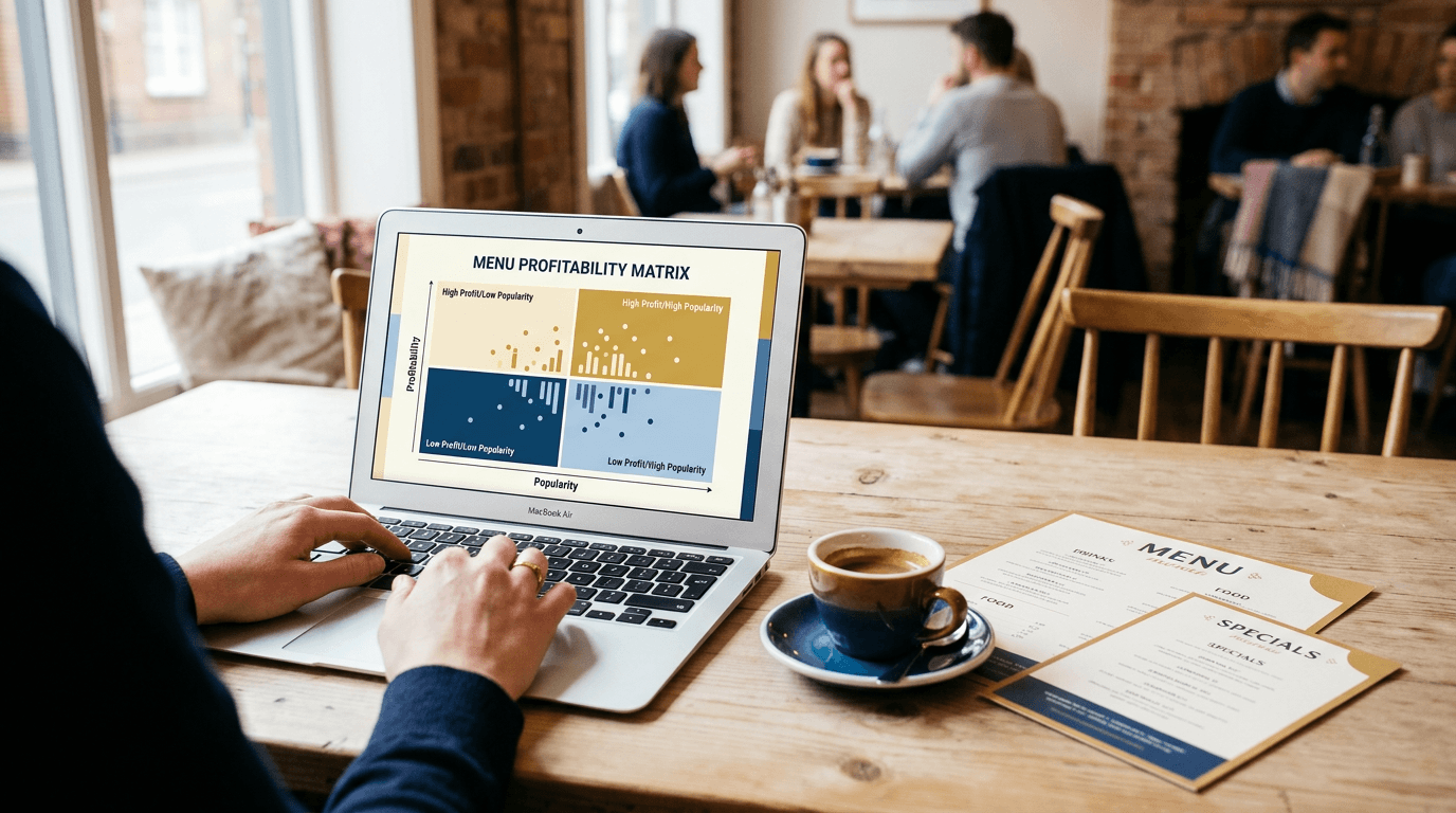 A café table with printed menus, a laptop showing a menu profitability matrix, and a coffee cup