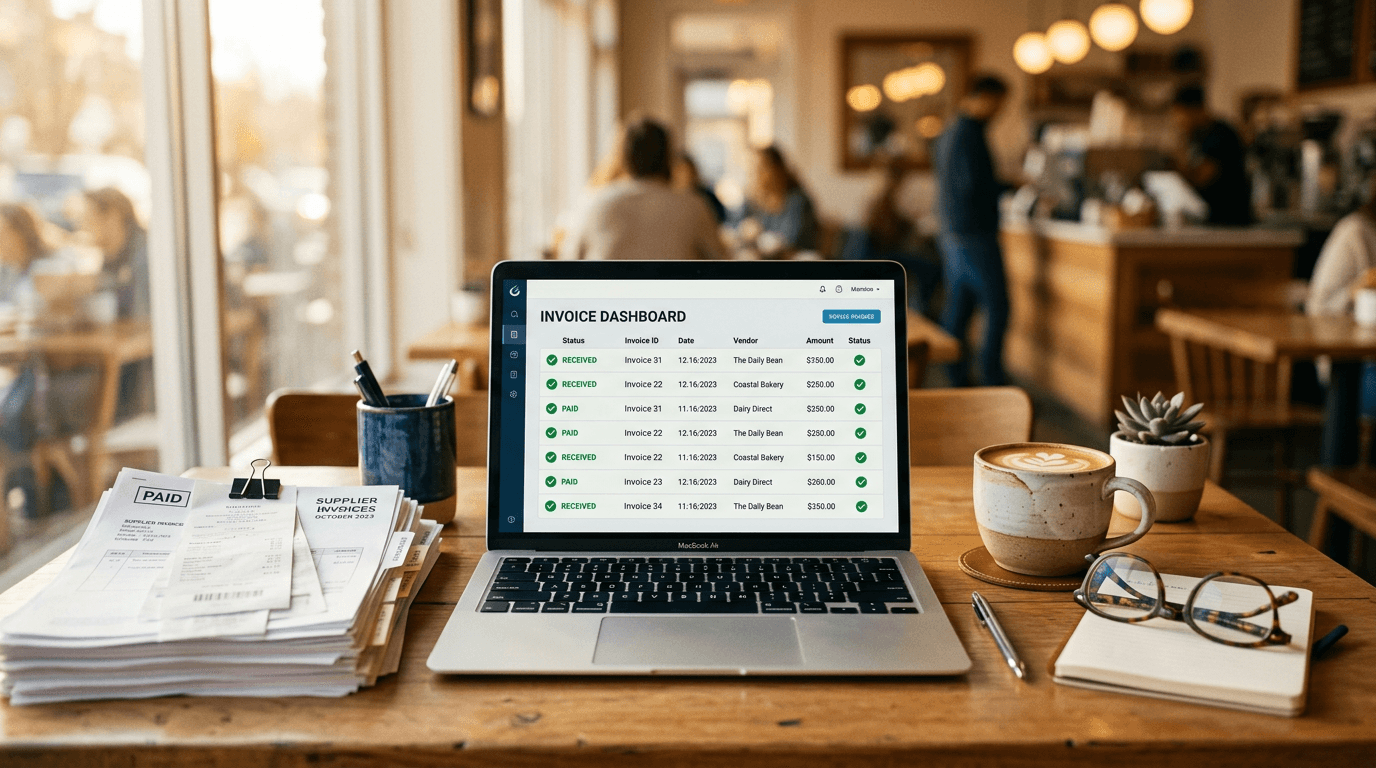 A café owner's desk with stacked supplier invoices, a laptop showing an invoice dashboard, and a cup of coffee