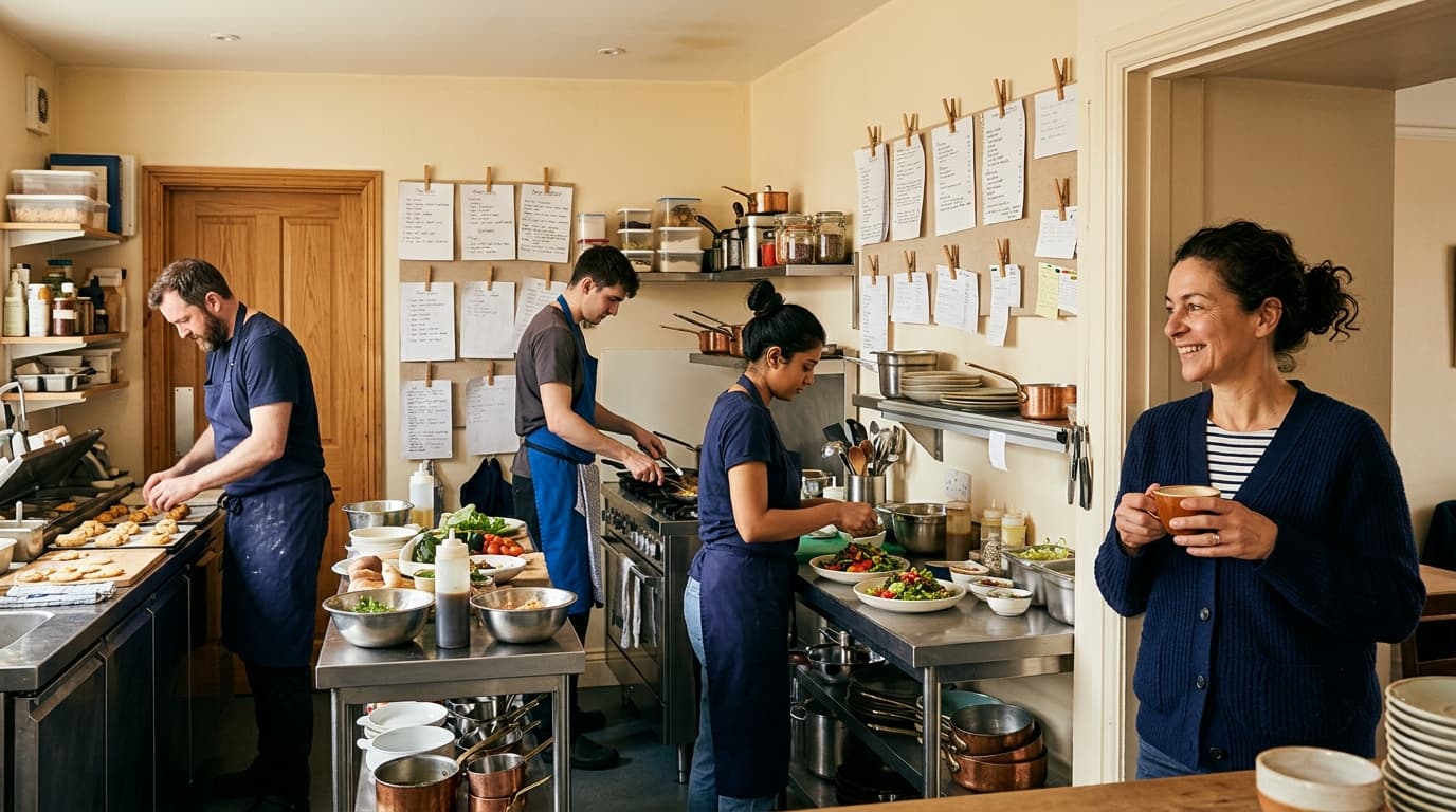 A well-organised UK café kitchen with staff working independently at prep stations while the owner watches from the doorway