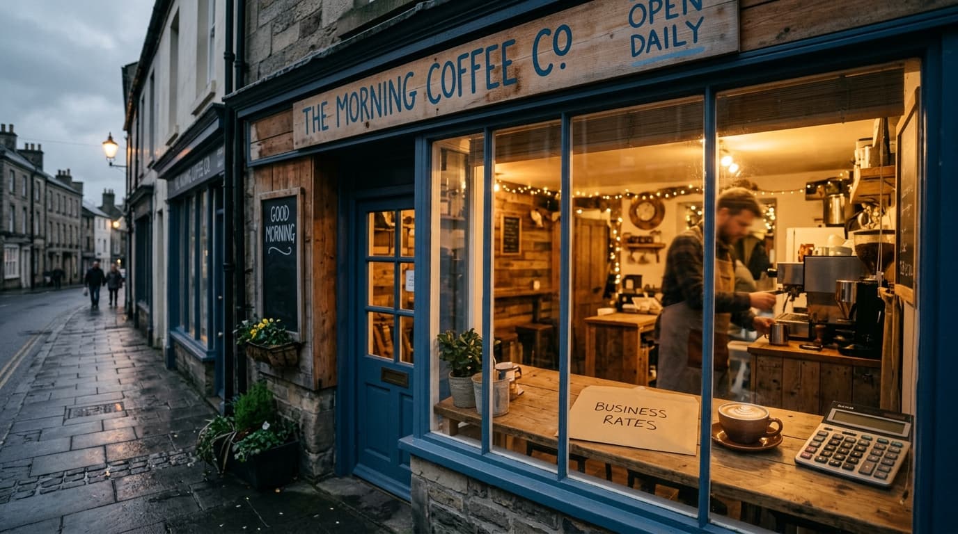 A closed sign on a café door with a business rates bill on the counter