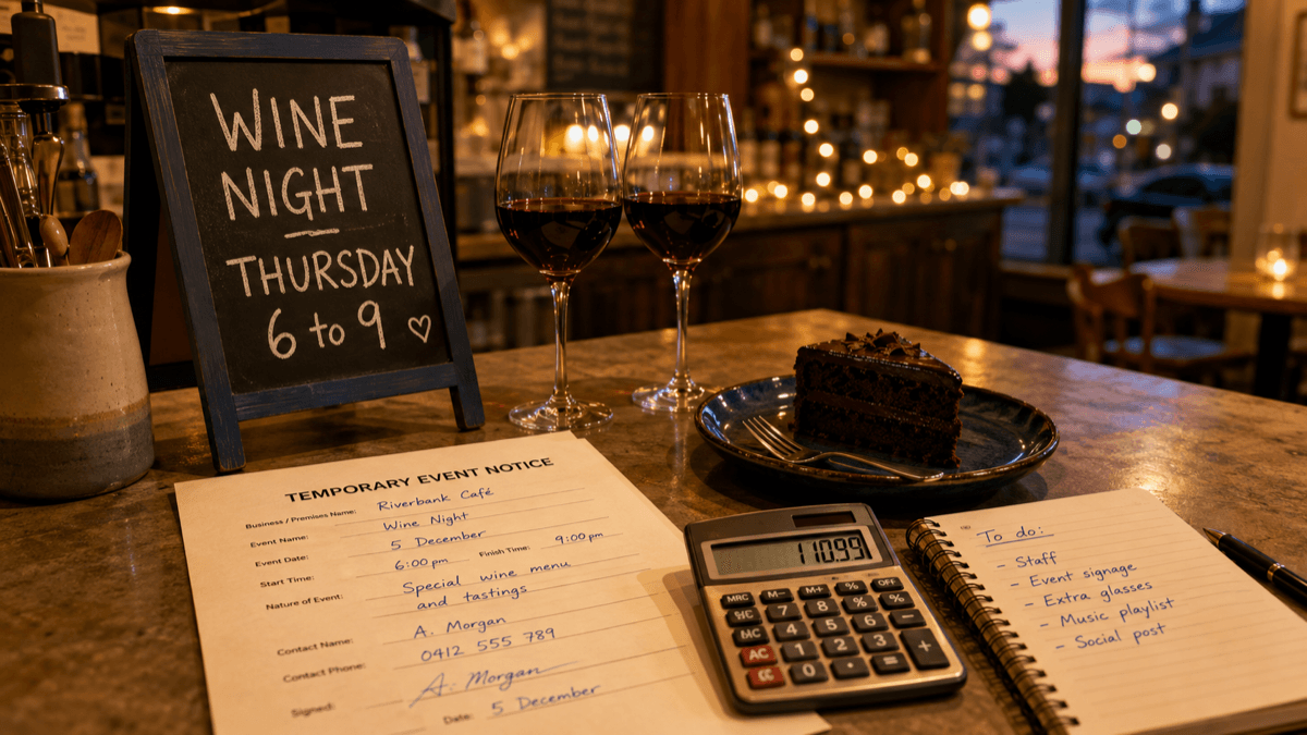 Warm evening café counter in golden light with a small chalkboard advertising a wine night, two glasses of red wine, a printed temporary event notice form, fairy lights and a calculator