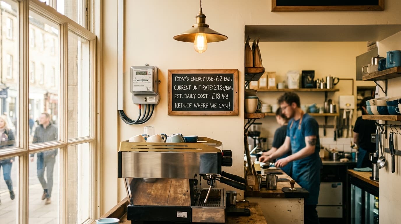 UK café kitchen with an electricity meter on the wall beside warm pendant lighting and a commercial espresso machine