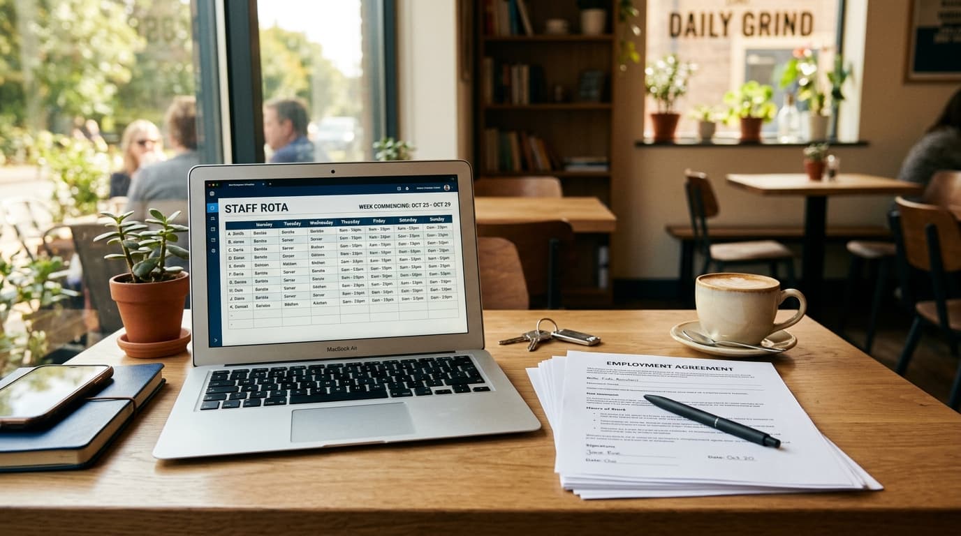 A café owner reviewing margin figures on a tablet at a wooden counter with coffee and pastries