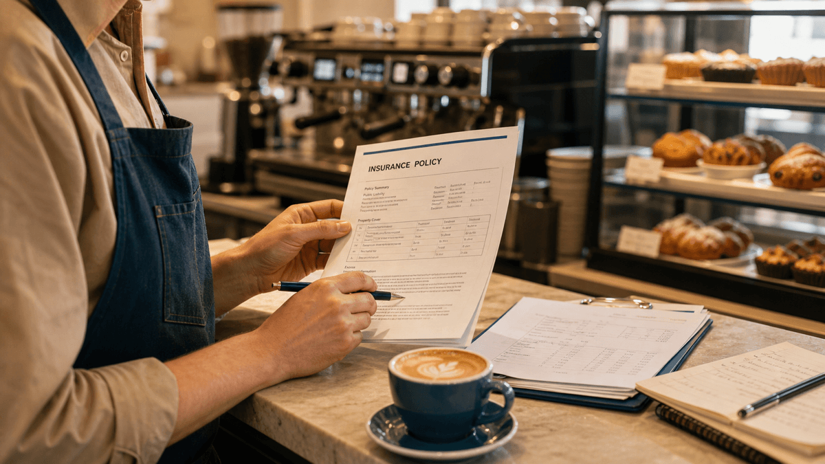 A café owner reviewing an insurance policy document at the counter, with a coffee machine and pastries in the background