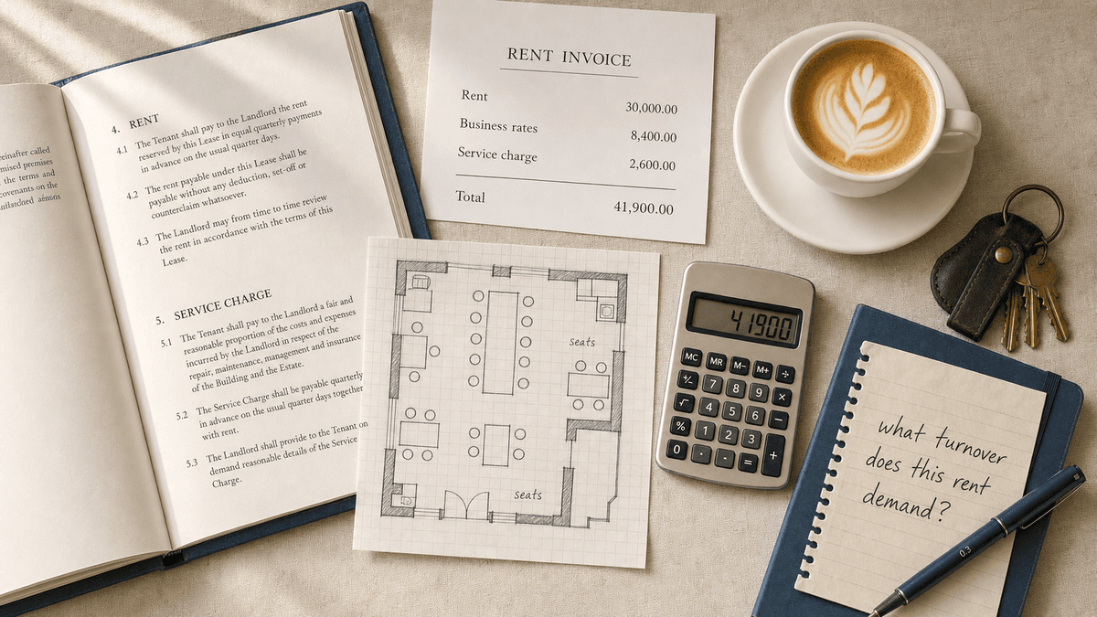 Overhead flat-lay of a commercial lease document, a printed rent invoice, a hand-drawn café floor plan, calculator, keys and a flat white on a cream desk