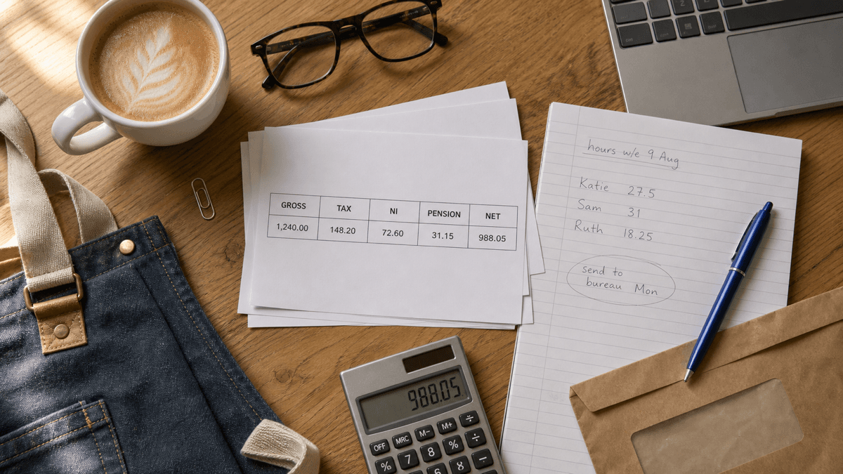 Overhead flat-lay of a café table with printed payslips, a handwritten weekly hours sheet, a calculator showing a net pay figure, a mug of coffee and a pen