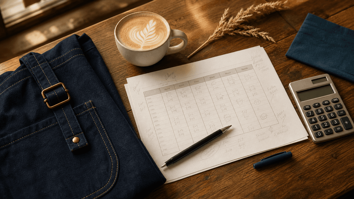 A weekly café staff rota sheet on a wooden counter alongside a barista apron, flat white mug, calculator and pen in warm morning light.