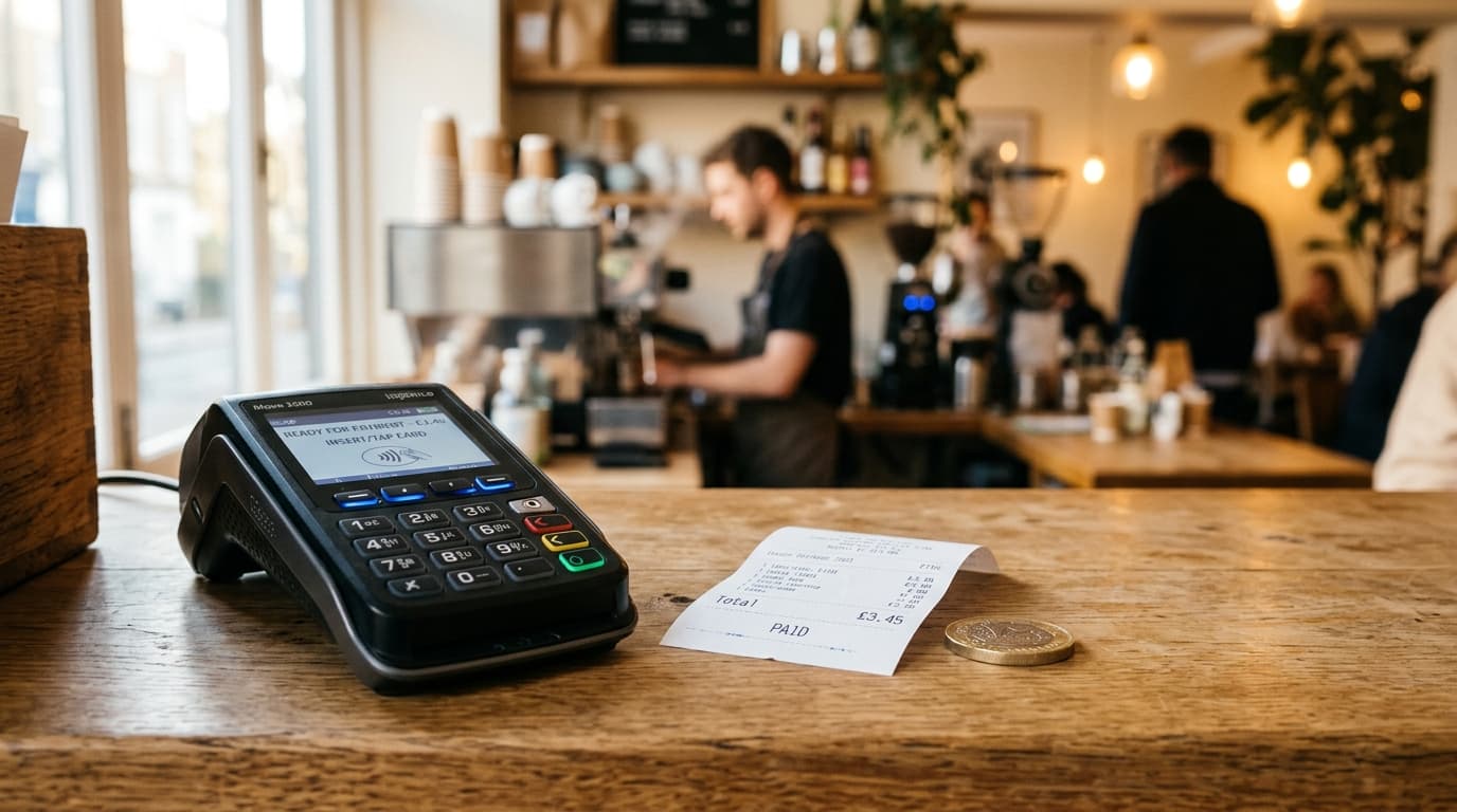 A card reader on a café counter with a handwritten receipt and a pound coin beside it, warm morning light