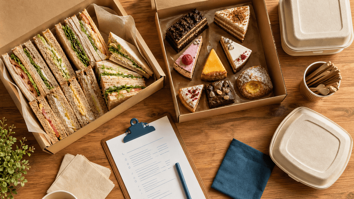 A boxed café catering order on a counter - a platter of sandwiches and a tray of cut cakes packed for an office meeting, with order paperwork alongside