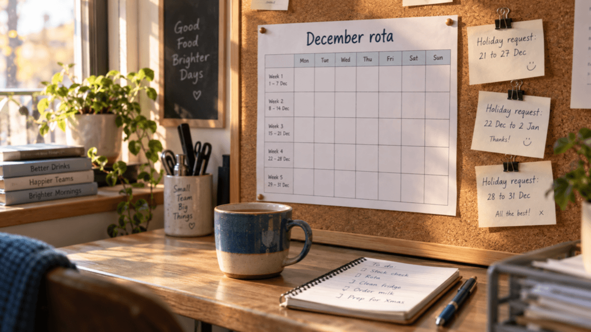 Blank December rota grid pinned to a cork board in a café back office with three handwritten holiday request slips clipped beside it in warm morning light