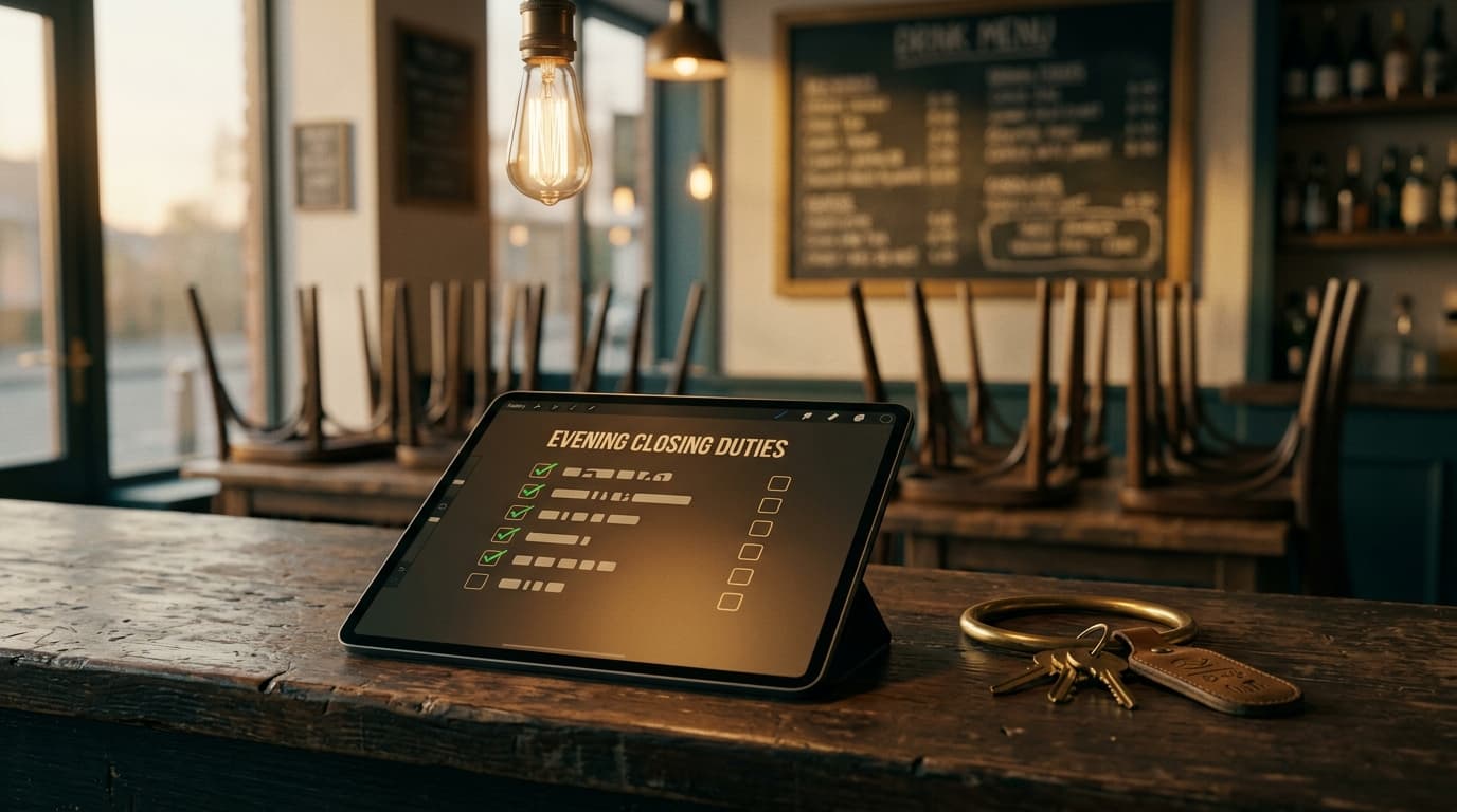 A closing checklist on a tablet screen showing ticked and unticked tasks, with café keys and a dimmed overhead light in the background