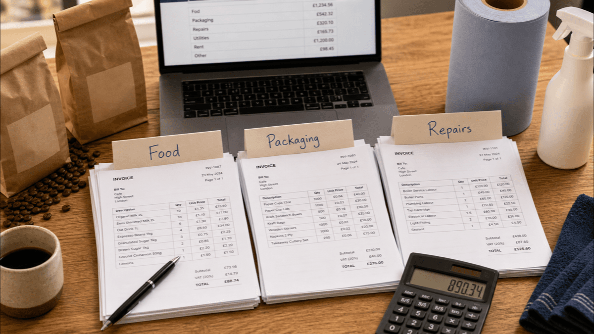 Overhead view of a café owner's desk with supplier invoices sorted into labelled paper piles for food, packaging and repairs, a laptop showing an accounts screen, coffee bags on one side and cleaning supplies on the other, warm golden light