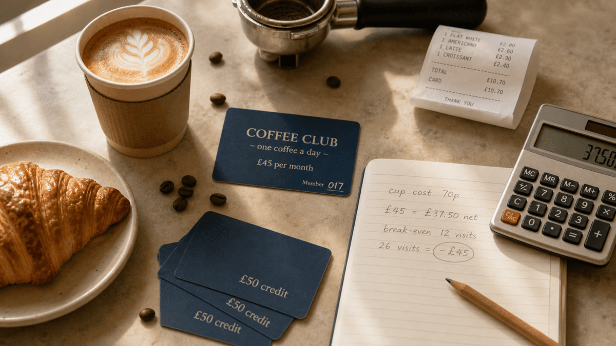 A café counter with a printed monthly coffee membership card, a takeaway flat white and a pastry, alongside a notepad of figures and a calculator