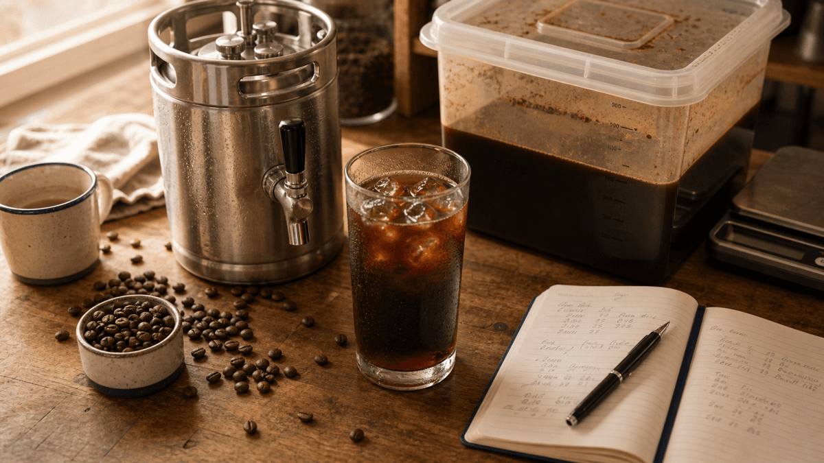 A glass of cold brew coffee on ice next to a small batch brewer and a notebook with scribbled yield calculations
