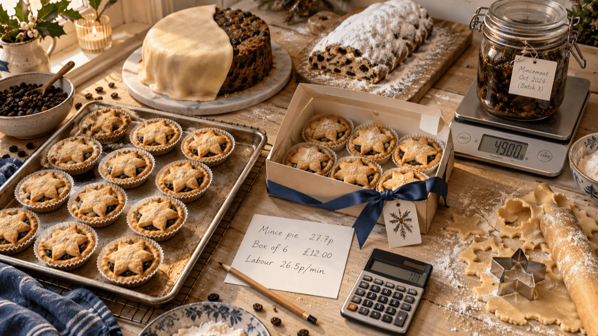 Overhead view of a bakery bench in October with a tray of star-topped mince pies, a marzipan-covered Christmas cake on a board, a dusted stollen loaf, a jar of homemade mincemeat on digital scales, an open window box for six mince pies and a handwritten costing card, in warm golden light