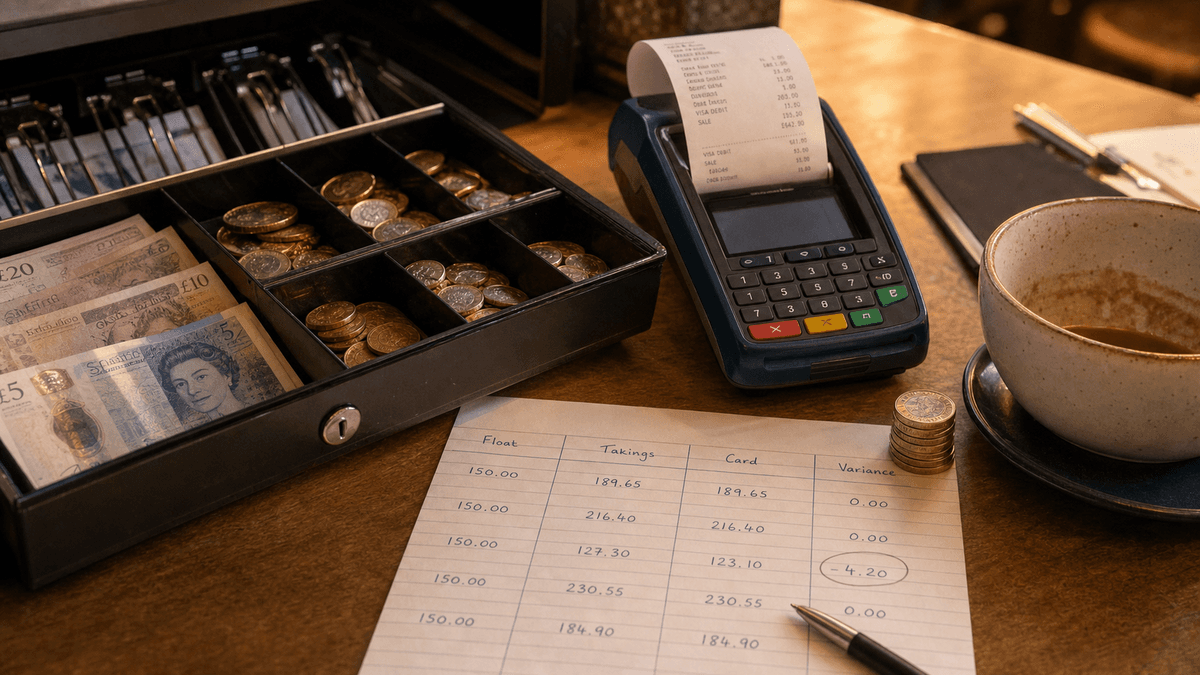 An end-of-day café counter with an open cash drawer of sorted coins and notes, a card terminal receipt roll, and a handwritten cashing-up sheet with a small variance circled in warm evening light