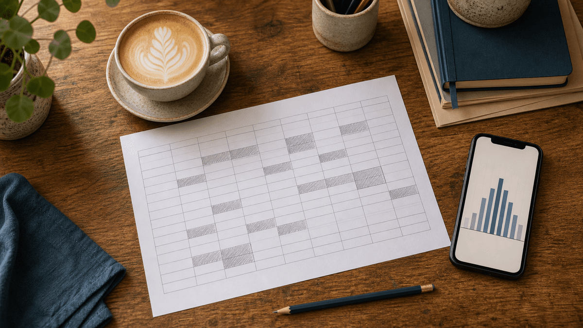 Café manager's desk with a weekly rota printout, a coffee and a phone showing a busy-hours chart
