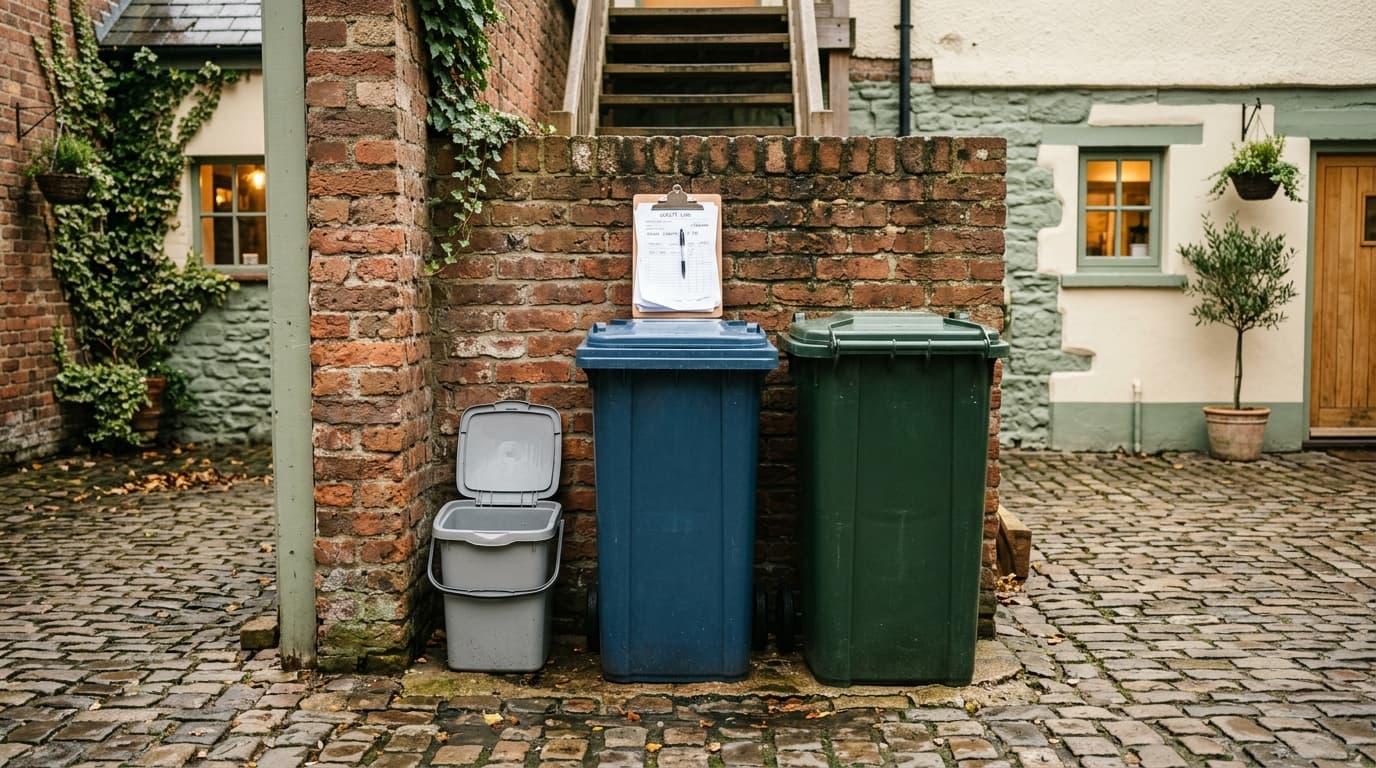 Commercial waste bins neatly arranged behind a UK café in a cobblestone courtyard with a clipboard resting on top