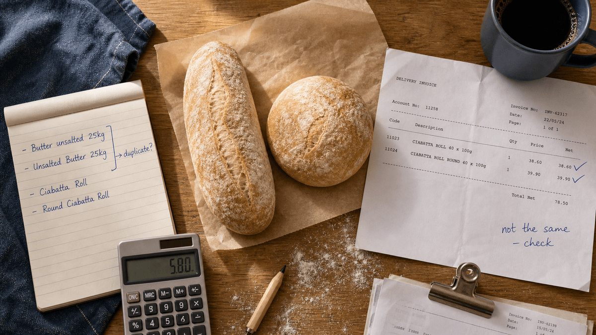 Overhead flat-lay of a bakery counter with two near-identical ciabatta rolls side by side, a printed supplier invoice, a handwritten ingredient list and a calculator in warm golden light