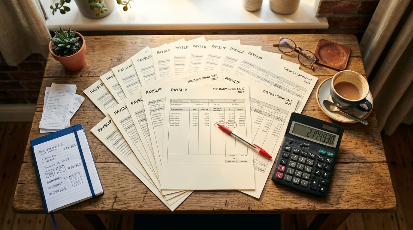 A cafe owner reviewing payroll paperwork at a wooden table with a calculator, payslips, and a coffee cup in warm morning light