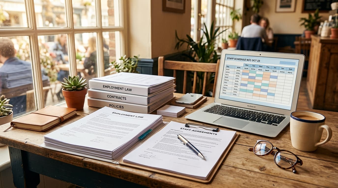 Employment law documents and a staff rota on a café manager's desk with a coffee cup