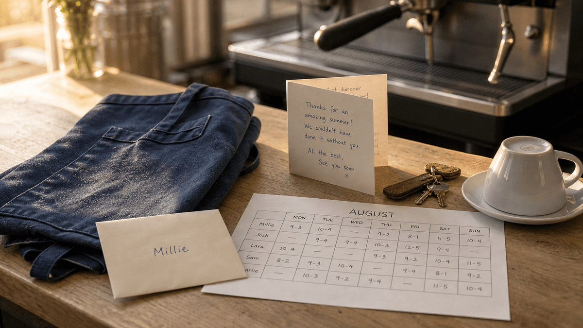 Café counter at closing time with a folded apron, a payslip envelope, a printed August rota sheet, a thank-you card and a set of keys in late afternoon light