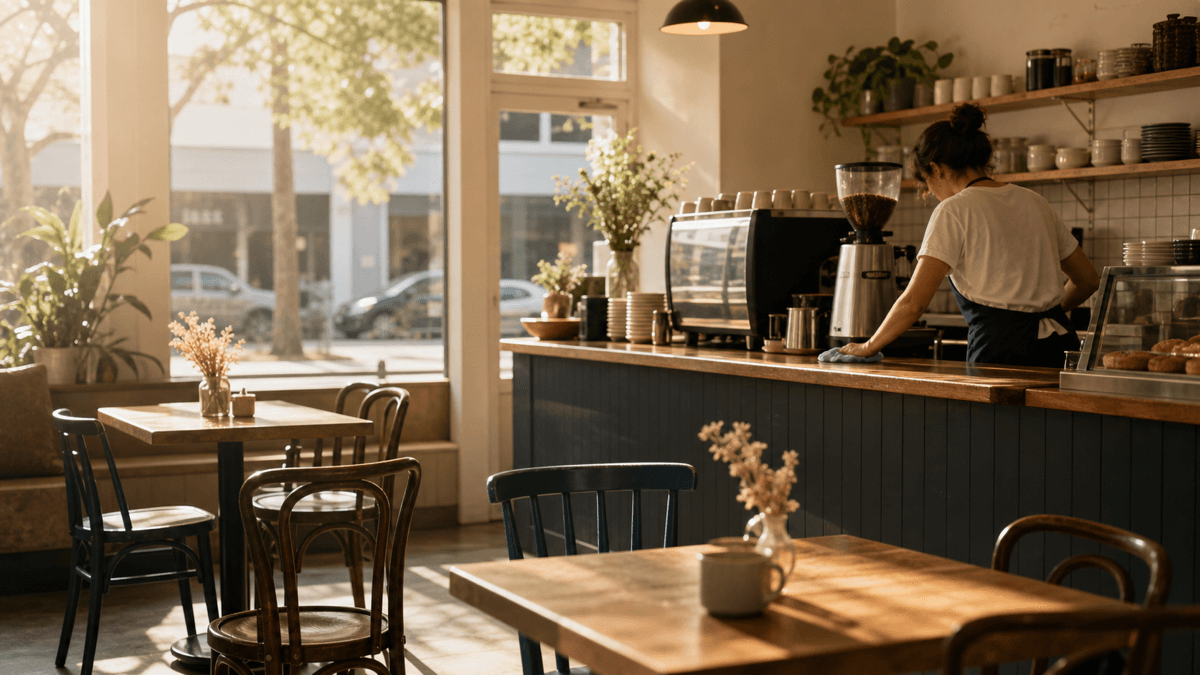Quiet café interior in the mid-afternoon, empty tables and a barista wiping down the counter with afternoon light through the window