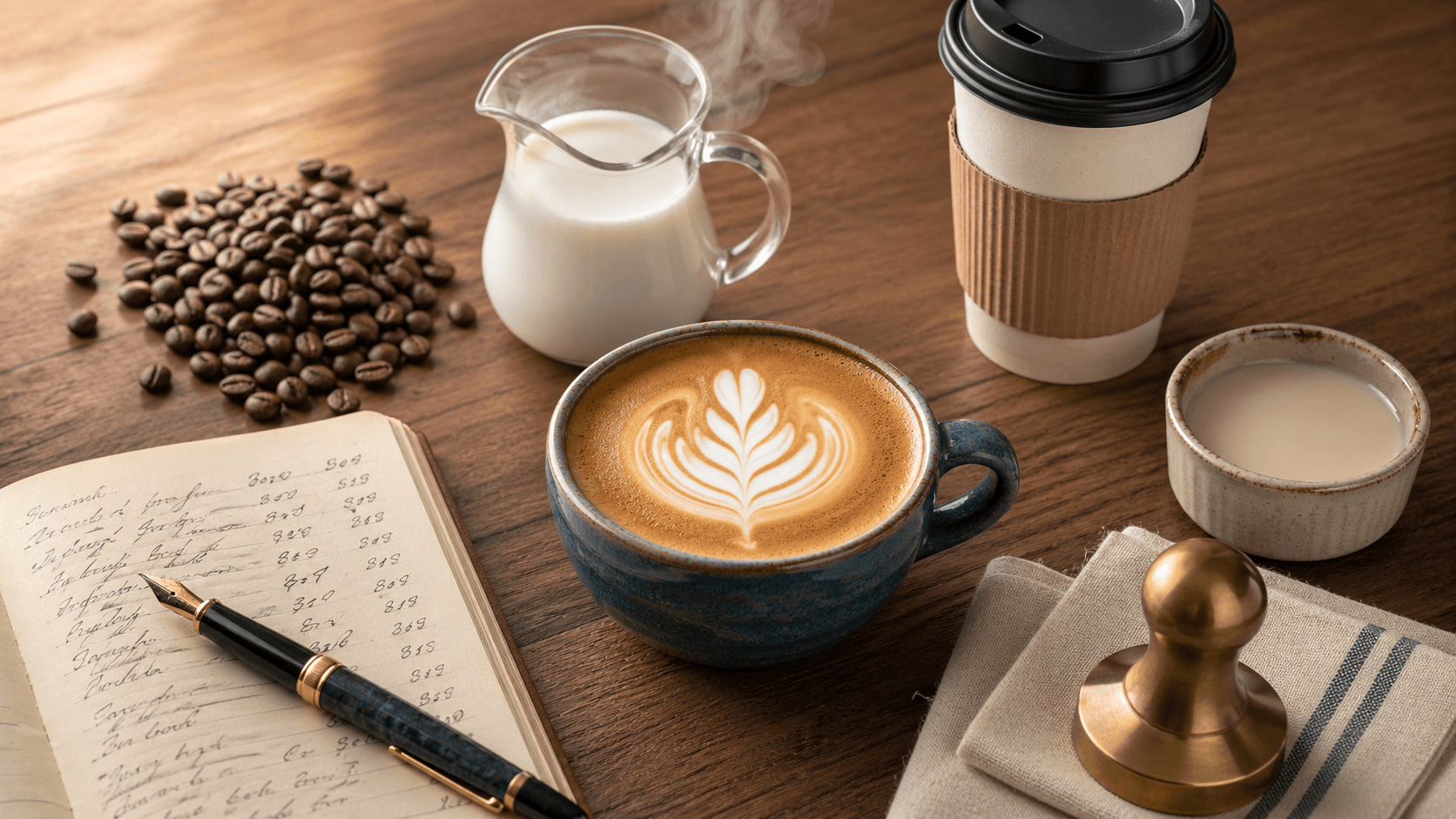 A flat white in a stoneware cup on a wooden café counter, surrounded by small piles of coffee beans, a pitcher of milk, and a paper takeaway cup, with a notebook of handwritten costings