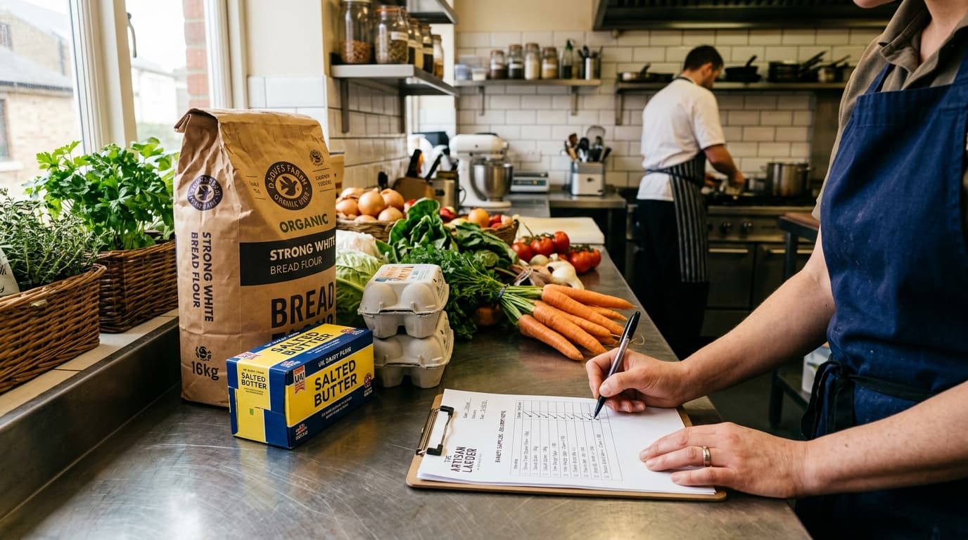 Fresh ingredient deliveries on a stainless steel counter in a UK cafe kitchen with an invoice being checked