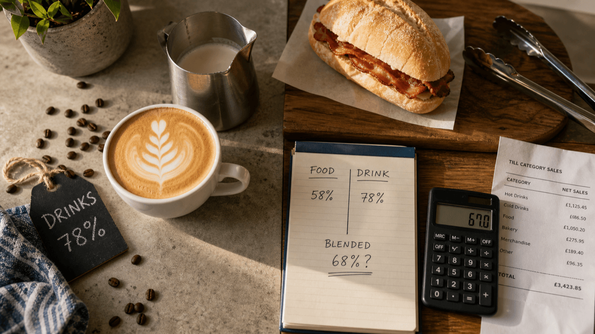 Overhead flat-lay of a café counter split down the middle, flat white and milk jug on one side, a plated bacon roll and handwritten costing notes on the other, in warm golden light