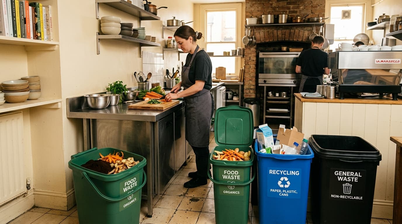 A small café kitchen with clearly labelled food waste, recycling, and general waste bins arranged beside a prep counter