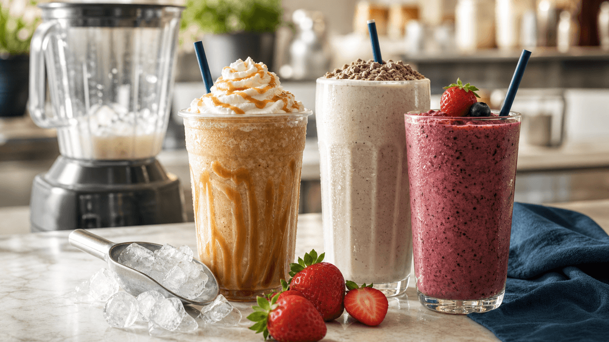 An iced blended frappe topped with cream in a tall takeaway cup beside a milkshake and a fruit smoothie on a café counter, with fresh fruit, a blender and a notebook of costings, bright summer light