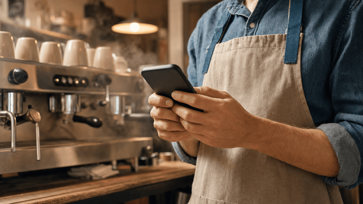 Café owner reading a review on a phone at the pass with a coffee machine in soft focus behind
