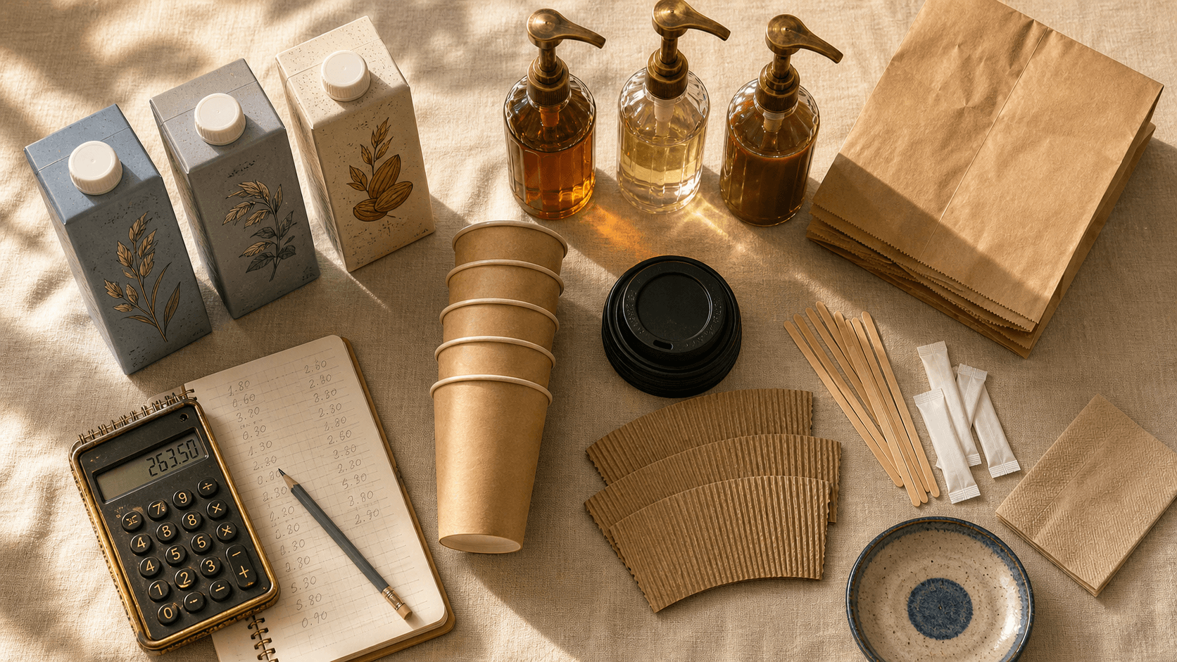 A café counter showing oat milk cartons, syrup bottles, takeaway cups, lids, sleeves and stirrers laid out next to a calculator and notepad with handwritten costings
