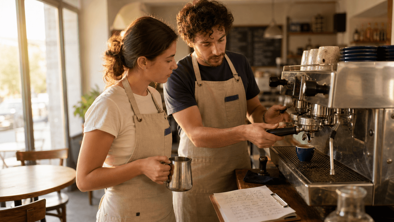 A young café team member in an apron being trained on the espresso machine by a more experienced colleague, with a clipboard of training tasks on the counter