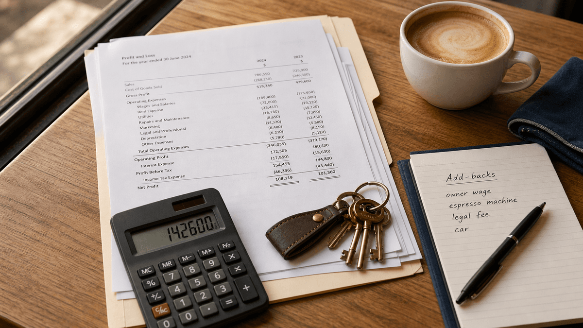 A warm café table in golden afternoon light with a folder of printed accounts, a calculator showing a figure, a handwritten add-backs list on a lined notepad, a set of shop keys and a flat white