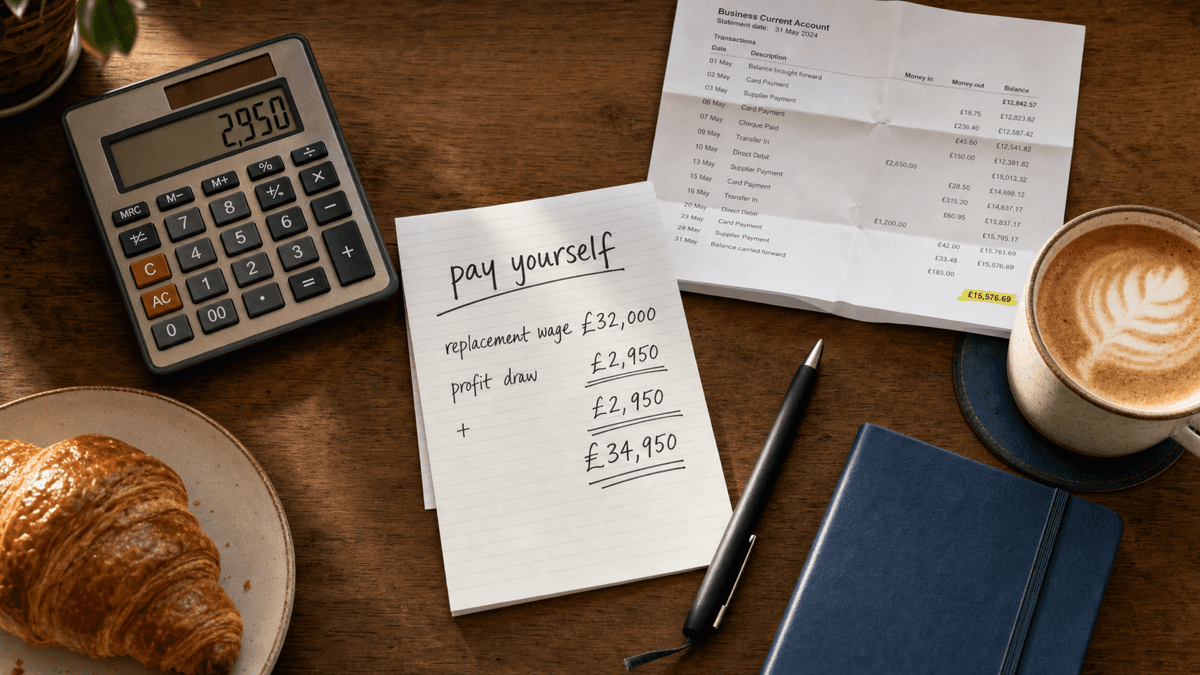 A café owner's desk in warm morning light with a handwritten pay-yourself worksheet, a calculator showing a monthly figure, a bank statement, and a flat white beside a notebook