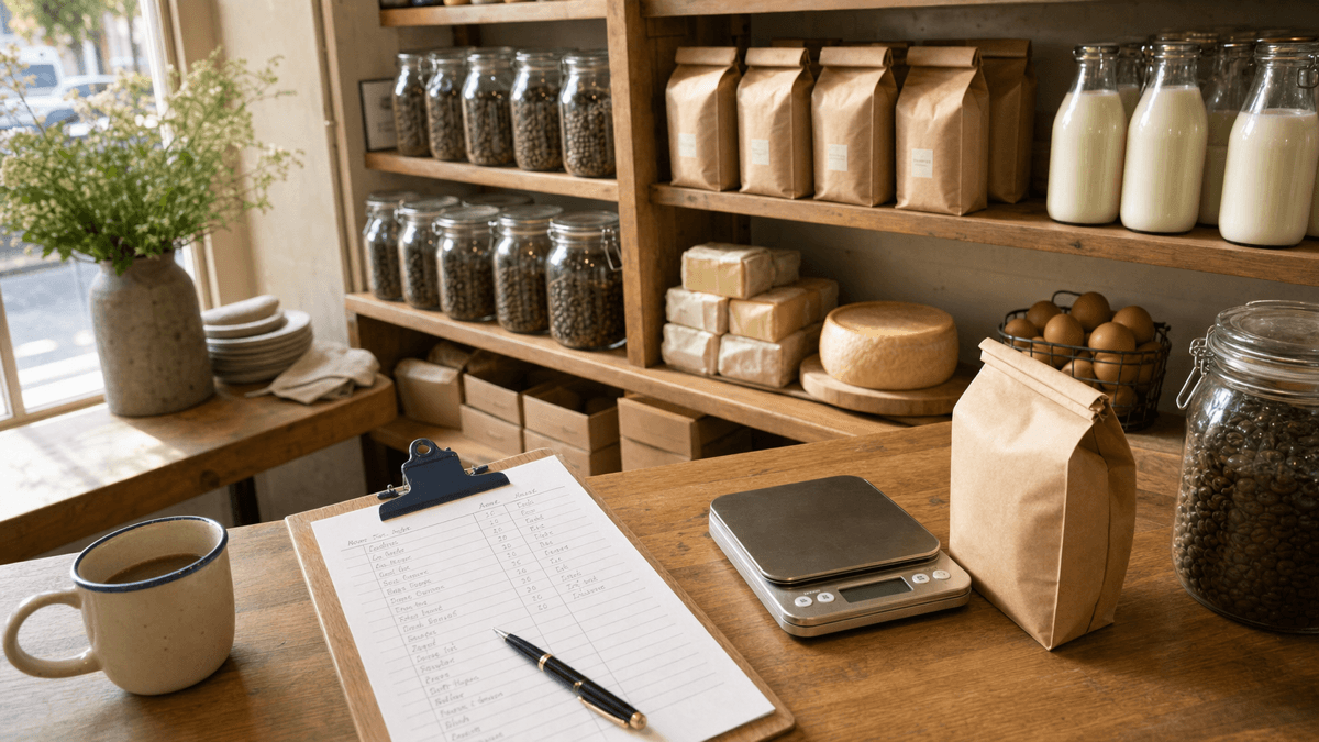 A café stockroom counter with shelves of coffee beans, milk, butter and cheese behind a wooden clipboard holding a handwritten stocktake count sheet, lit by soft morning light.